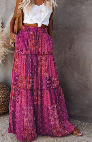 Pre-Order Tiered Paisley Print Pocketed Maxi Skirt