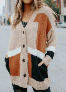 Khaki Buttons Color Block Cardigan