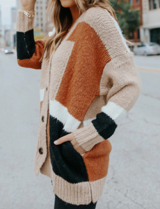 Khaki Buttons Color Block Cardigan