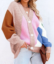 Load image into Gallery viewer, Color Block Buttons Drop-Shoulder Sleeve Cardigan
