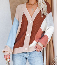 Load image into Gallery viewer, Color Block Buttons Drop-Shoulder Sleeve Cardigan