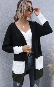 Pre-Order Front Open Pockets Color Block Cardigan