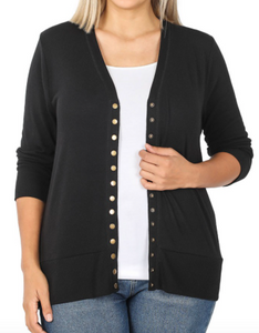 Black 3/4 Sleeve Snap Cardigan