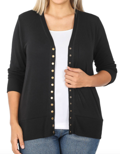 Black 3/4 Sleeve Snap Cardigan