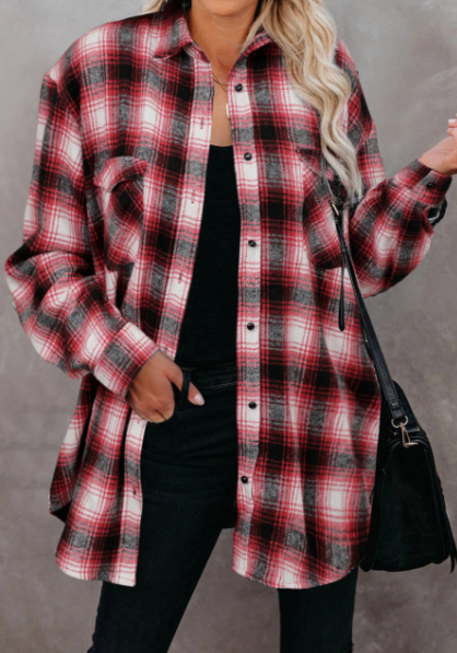 Buttons Pocketed Plaid Shacket