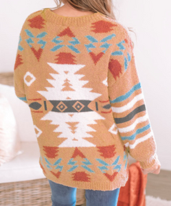 Aztec Print Long Sleeve Tunic Knitted Sweater