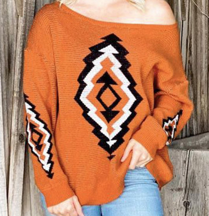 Pre-Order Orange Geometric Print Long Sleeve Knitted Sweater
