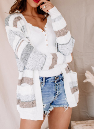 White Color Block Open Front Cardigan