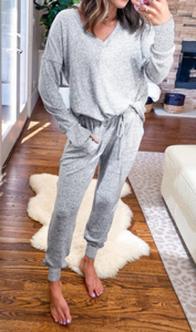 Pre-Order Gray V Neck Top and Elastic Waist Joggers Pants Lounge Set