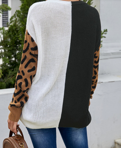 Pre-Order Leopard Print Contrast Color V Neck Sweater