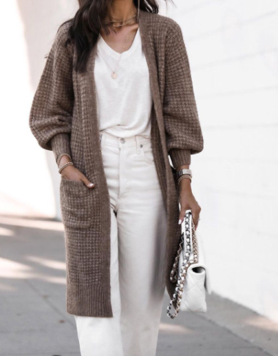 Pre-Order Open Front Waffle Knit Texture Long Cardigan