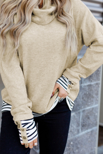 Stripe Patch Button High Neck Sweatshirt