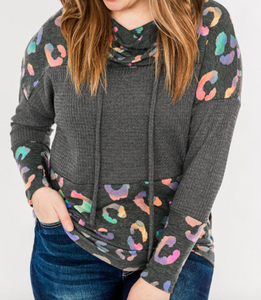 Pre-Order Plus Size Gray Cowl Neck Waffle Colorful Leopard Patchwork Sweatshirt