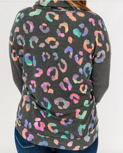 Pre-Order Plus Size Gray Cowl Neck Waffle Colorful Leopard Patchwork Sweatshirt