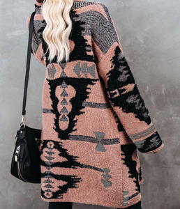 Collar Geometric Print Knit Cardigan