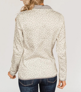 Pre-Order Beige Lapel Snap Front Pocket Leopard Print Sweatshirt
