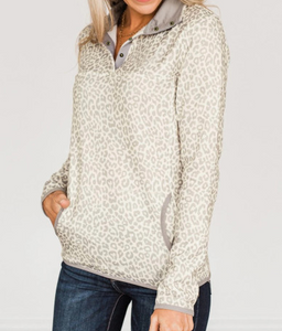 Pre-Order Beige Lapel Snap Front Pocket Leopard Print Sweatshirt