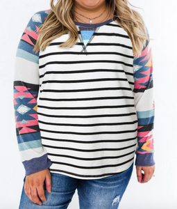 Pre-Order Aztec Sleeve Striped Raglan Plus Size Top