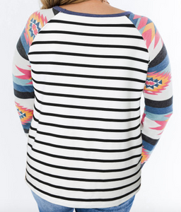 Pre-Order Aztec Sleeve Striped Raglan Plus Size Top