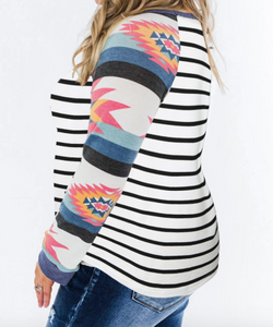 Pre-Order Aztec Sleeve Striped Raglan Plus Size Top