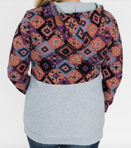 Plus Size Aztec Print Color Block 1/4 Zip Hoodie