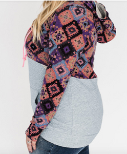 Plus Size Aztec Print Color Block 1/4 Zip Hoodie