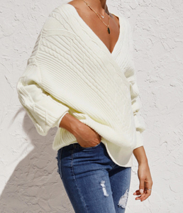 Pre-Order Wrap V Neck Lantern Sleeve Textured Sweater