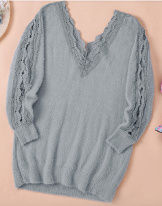 Pre-Order Lace Splicing V Neck Pullover Sweater