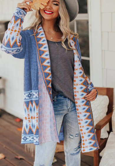 Pre-Order Aztec Print Open Front Knitted Cardigan