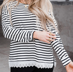 Pre-Order Striped Long Sleeve Top with Lace Trim