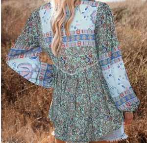 Split Neck Bubble Sleeve Floral Patchwork Blouse