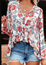 Load image into Gallery viewer, Split Neck Bubble Sleeve Floral Patchwork Blouse