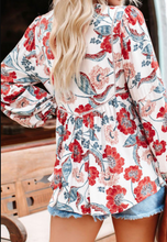 Load image into Gallery viewer, Split Neck Bubble Sleeve Floral Patchwork Blouse