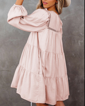 Load image into Gallery viewer, Pre-Order Crewneck Lantern Sleeve Hollow-Out Tiered Dress with Pocket