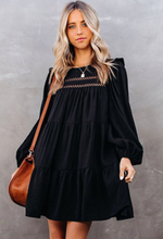 Load image into Gallery viewer, Pre-Order Crewneck Lantern Sleeve Hollow-Out Tiered Dress with Pocket
