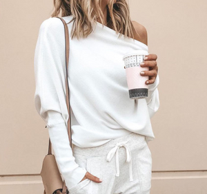 Slouchy One Shoulder Dolman Sleeves Ribbed Sweater