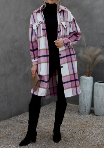 Pre-Order Turn Down Collar Pocket Buttoned Plaid Print Coat