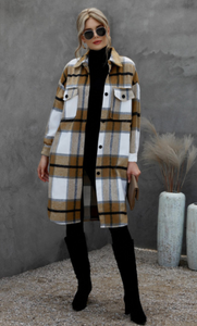 Pre-Order Turn Down Collar Pocket Buttoned Plaid Print Coat