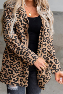 Pre-Order Lapel Collar Zipper Drawstring Leopard Coats