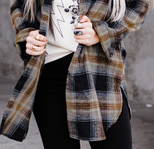 Oversize Rounded Hem Plaid Shirt with Slits