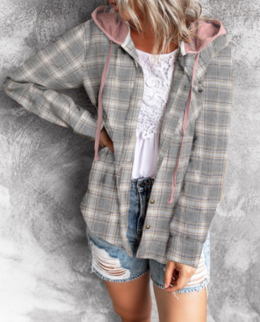 Khaki Drawstring Plaid Hooded Shirt Coat