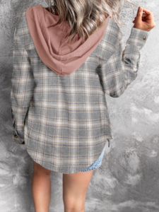 Khaki Drawstring Plaid Hooded Shirt Coat