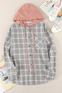 Khaki Drawstring Plaid Hooded Shirt Coat