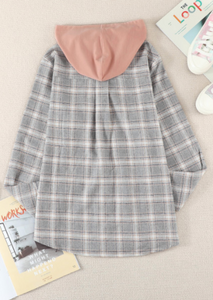 Khaki Drawstring Plaid Hooded Shirt Coat