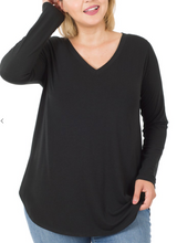 Load image into Gallery viewer, Black Long Sleeve V-Neck Round Hem Top