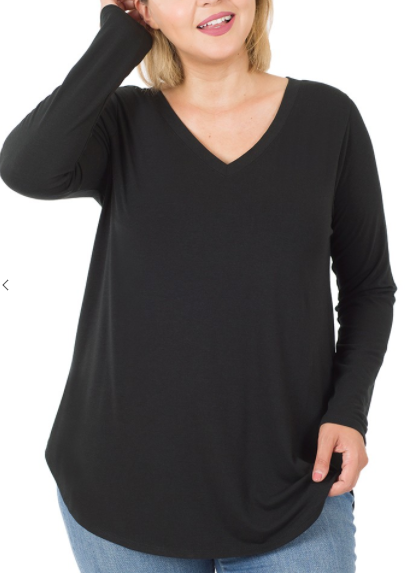 Black Long Sleeve V-Neck Round Hem Top