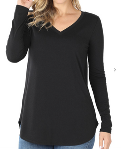 Black Long Sleeve V-Neck Round Hem Top