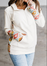 Load image into Gallery viewer, Aztec Print Color Block Half Zip Hoodie with Kangaroo Pocket