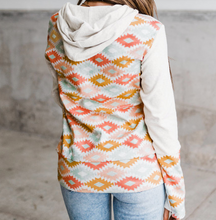 Load image into Gallery viewer, Aztec Print Color Block Half Zip Hoodie with Kangaroo Pocket