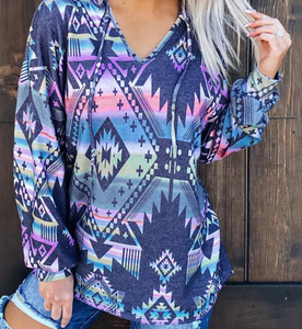 Blue Aztec Print Hoodie